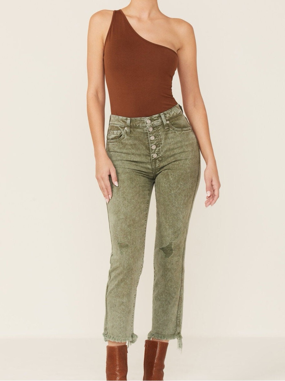 7 For All Mankind High Waist Cropped Straight Jeans Green Frayed Hem Size 28
